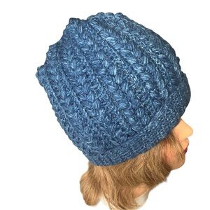Handmade Beanie in blue Jean color and Crochet Wheat stitch puff design.